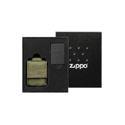 Green Tactical Pouch and Black Crackle Windproof Lighter Gift Set