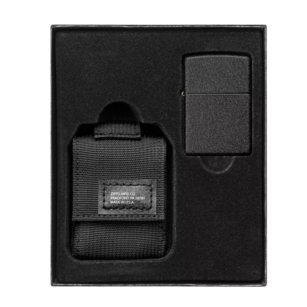 Black Tactical Pouch and Black Crackle Windproof Lighter Gift Set